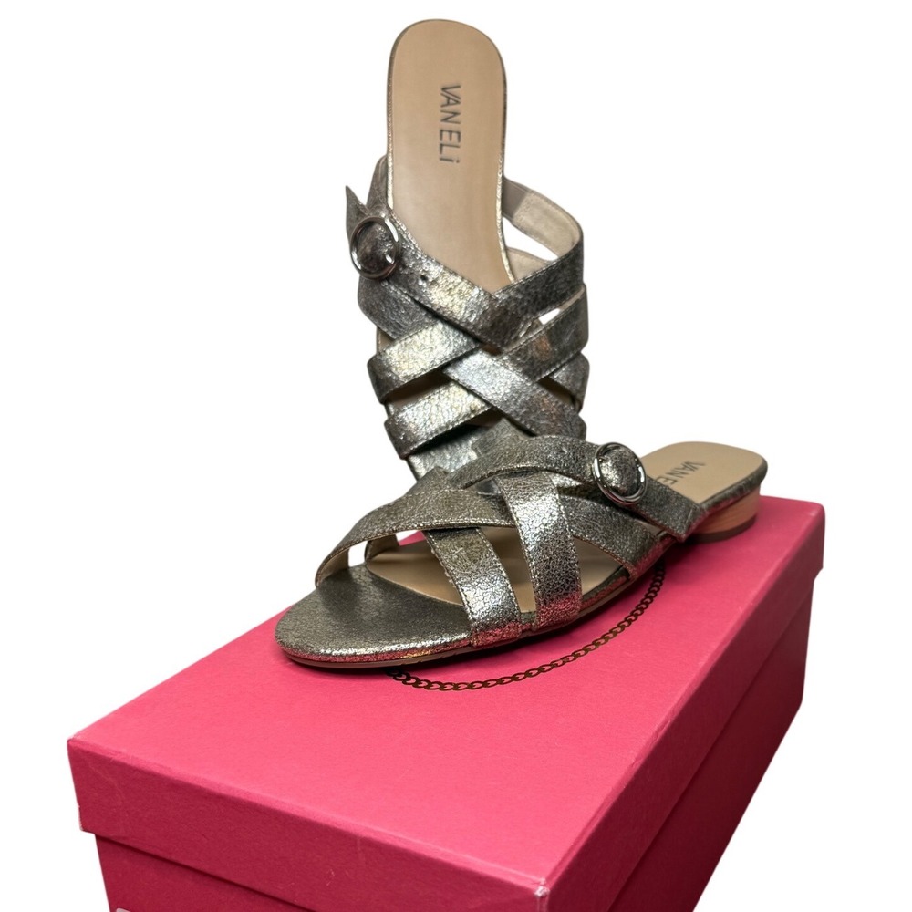 Vaneli Brogan Pale Platino‎ Metallic Leather Slide Sandals Low Block Heel 6.5 M